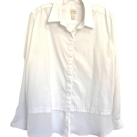 Chico's Button Up Shirt 3 US XL White Chiffon Sleeve and Layered Hem  Stretch - Picture 1 of 10